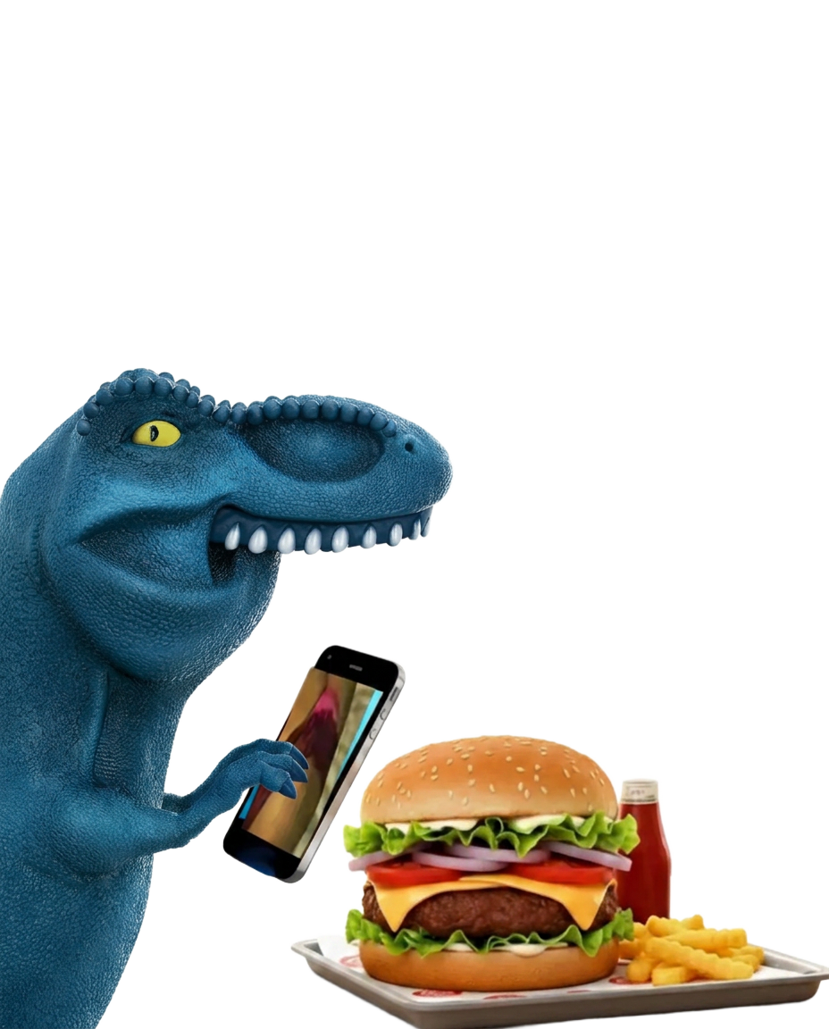 Dinofauro with phone and burger